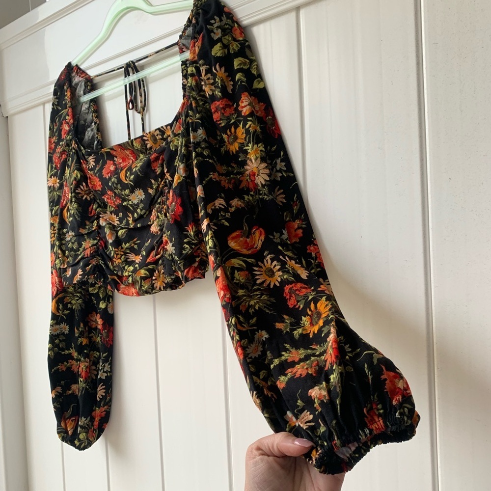 Urban Outfitters Square Neck Long Sleeve Off Shoulder Floral Open Back Black L - Picture 6 of 9